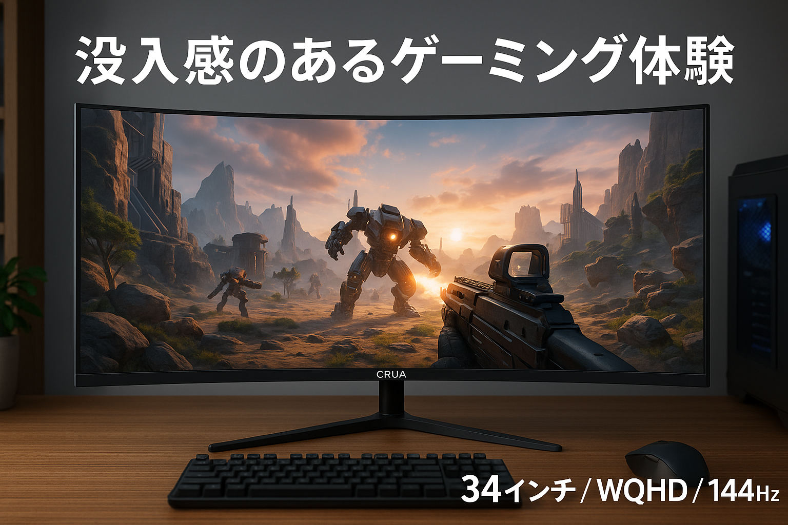 CRUA 湾曲 ゲーミング モニター 34インチ WQHD 144HZ 99%sRGB 21:9 曲面 1500R ウルトラワイド PC モニター/VA 非光沢/薄型/HDMI2.1 & DP1.4/ブルーライト軽減/傾斜調整/広い視野角/壁掛け対応