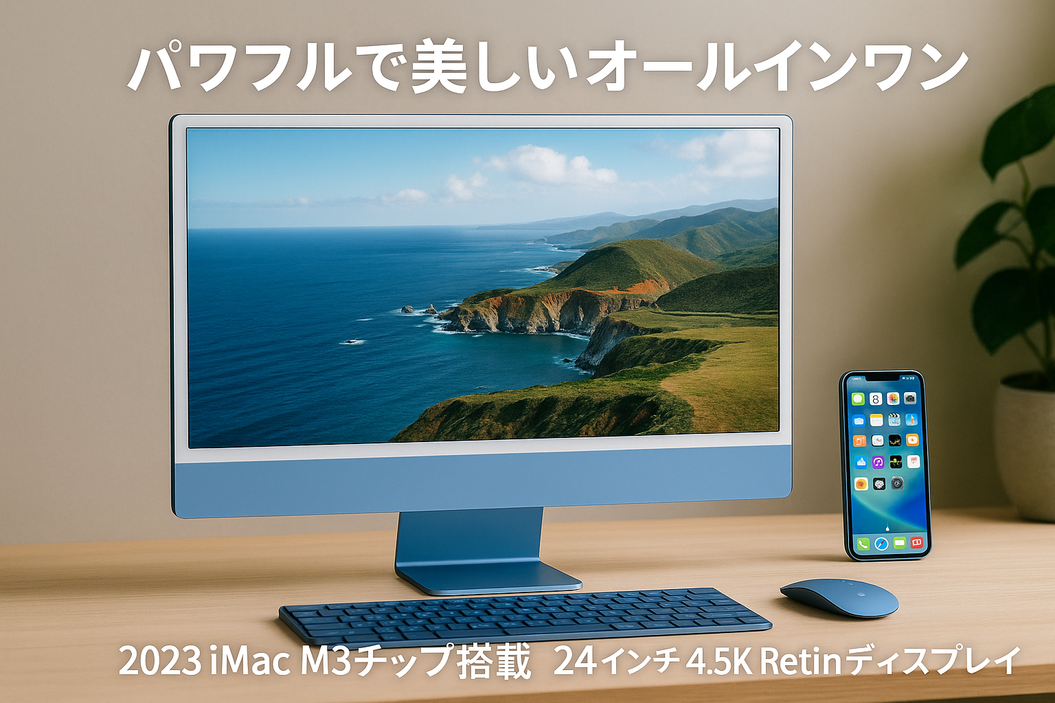 Apple 2023 iMac M3 チップ搭載オールインワンデスクトップコンピュータ:8 コア CPU、8 コア GPU、24 インチ 4.5K Retina ディスプレイ、8GB ユニファイドメモ リ、256GB SSD ストレージ、ボディと同じカラーのアクセサリ、iPhone や iPad と の連係機能 - ブルー