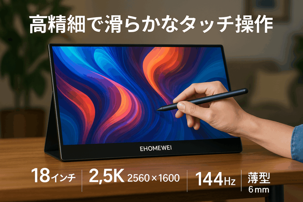 モバイルモニター EHOMEWEI 18インチ 2.5K WQXGA 2560x1600 タッチパネル タッチペン 100% DCI-P3 薄型 6mm リフレッシュレート144Hz ゲーミング モニター スピーカー内蔵 ブルーライトカット ケース付 メーカー3年保証 RQG-180PW