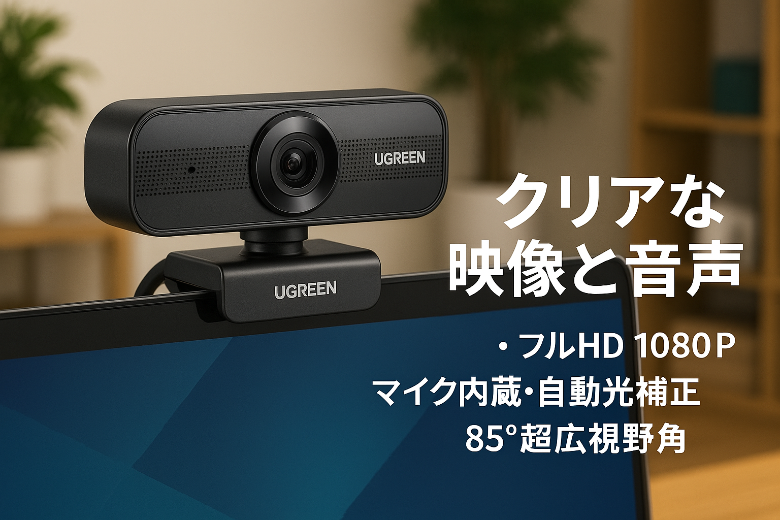 UGREEN ウェブカメラ USB Webカメラ フルHD 1080P 200万画素 マイク内蔵 自動光補正 85°超広視野角 PC カメラ クリップ/スタンド式 Windows 7/8/8.1/10/11 Mac OS Zoom/Teams/Skype/ライブ配信用 在宅勤務・授業・会議用