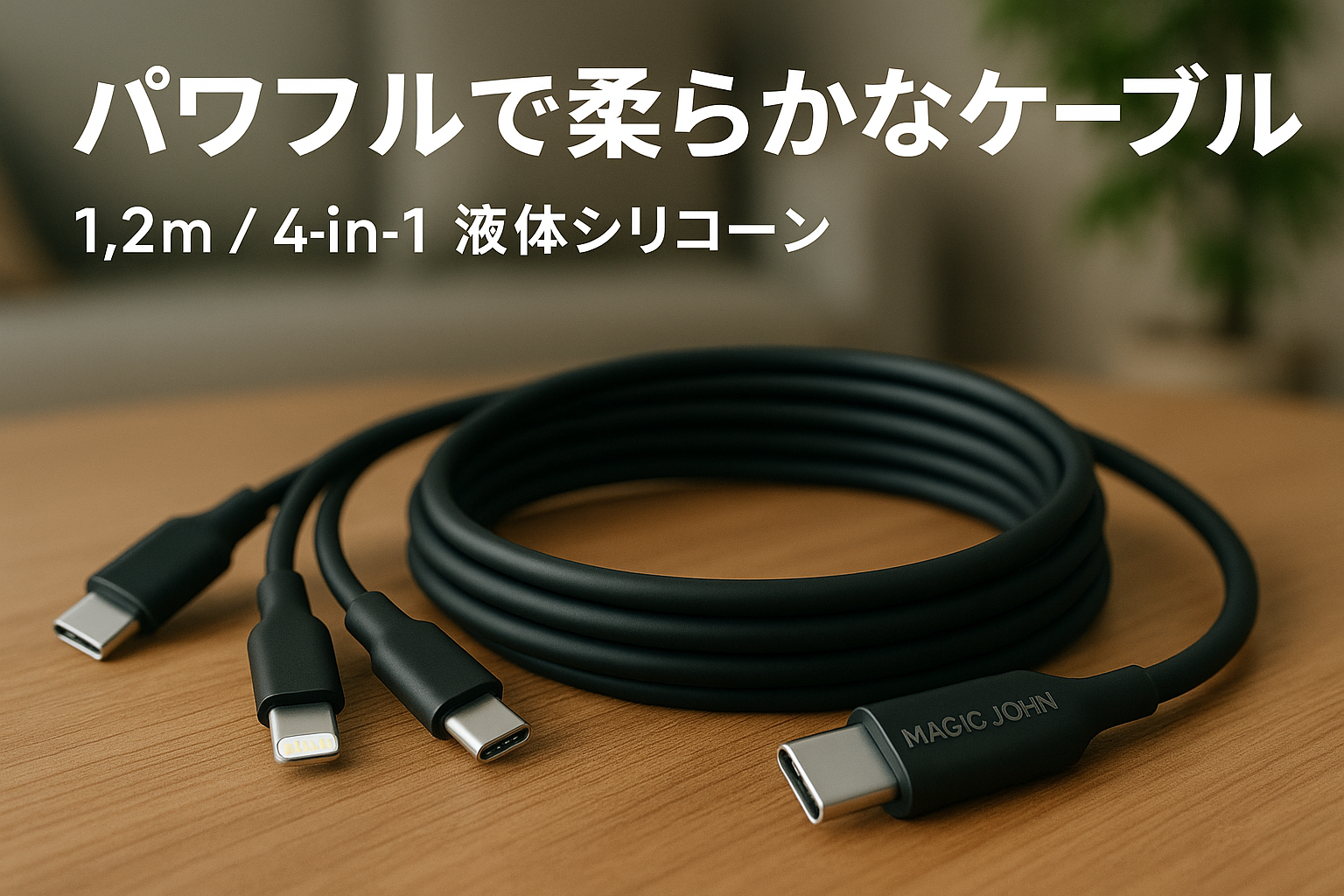 MAGIC JOHN USB C ケーブル 1.2M 4in1 液体シリコーン PD3.1急速充電 最大240Ｗ データ転送速度480Mbps iPhone16/iPhone15/iPhone13シリーズ/タブレット/ノートパソコン Type-C各種対応 充電コード ブラック