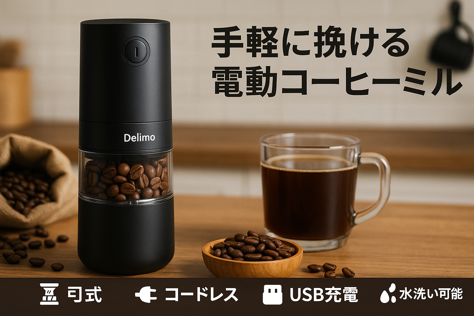 Delimo 電動コーヒーミル コードレス 臼式 USB 充電式 水洗い可能 コーヒーグラインダー 【メーカー一年保証】
