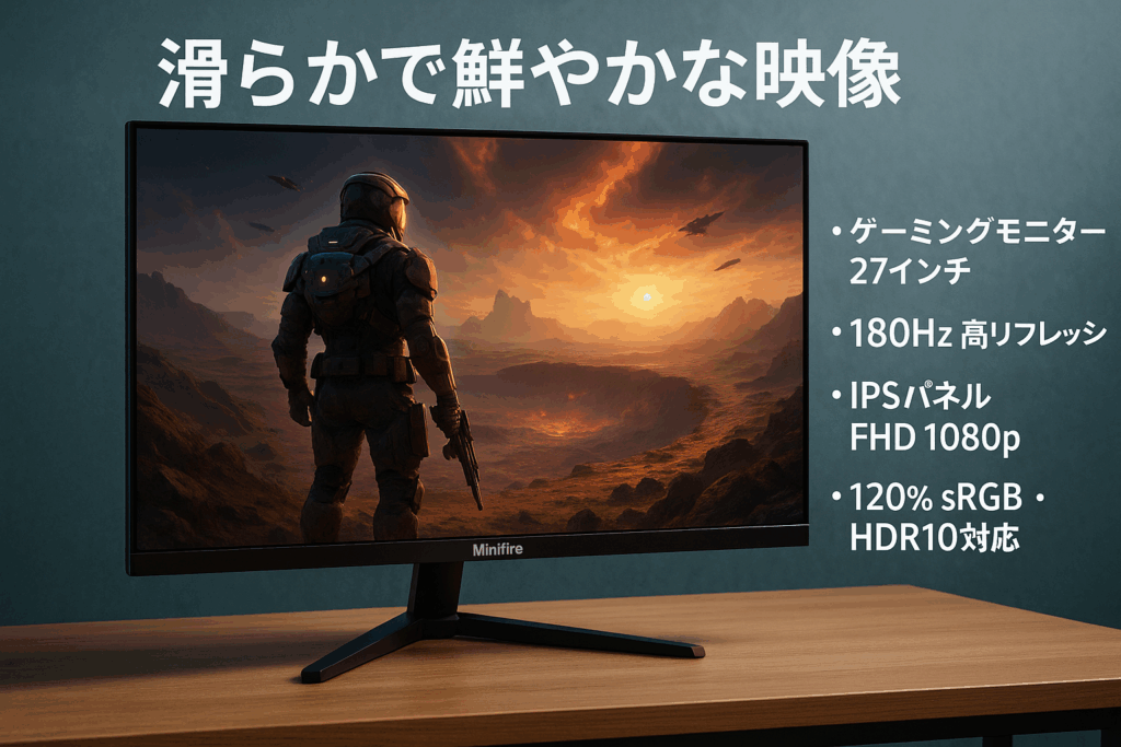 Minifire ゲーミングモニター 27 インチ 180Hz 高リフレッシュ IPS パネル FHD 1080p ディスプレイ|120% sRGB・HDR10 対応|AMD FreeSync 搭載・ブルーライト軽減・内蔵スピーカー|DP1.4/HDMI2.0 ポート|MFG27F4S