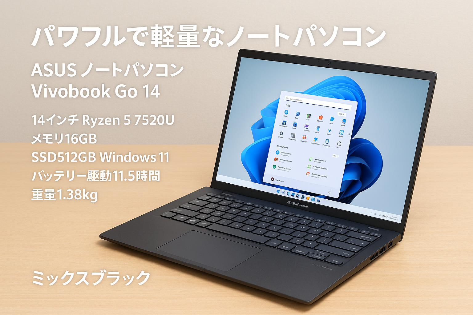 ASUS ノートパソコン Vivobook Go 14 E1404FA 14インチ Ryzen 5 7520U メモリ16GB SSD512GB Windows11 バッテリー駆動11.5時間 重量1.38kg ミックスブラック E1404FA-NK255W