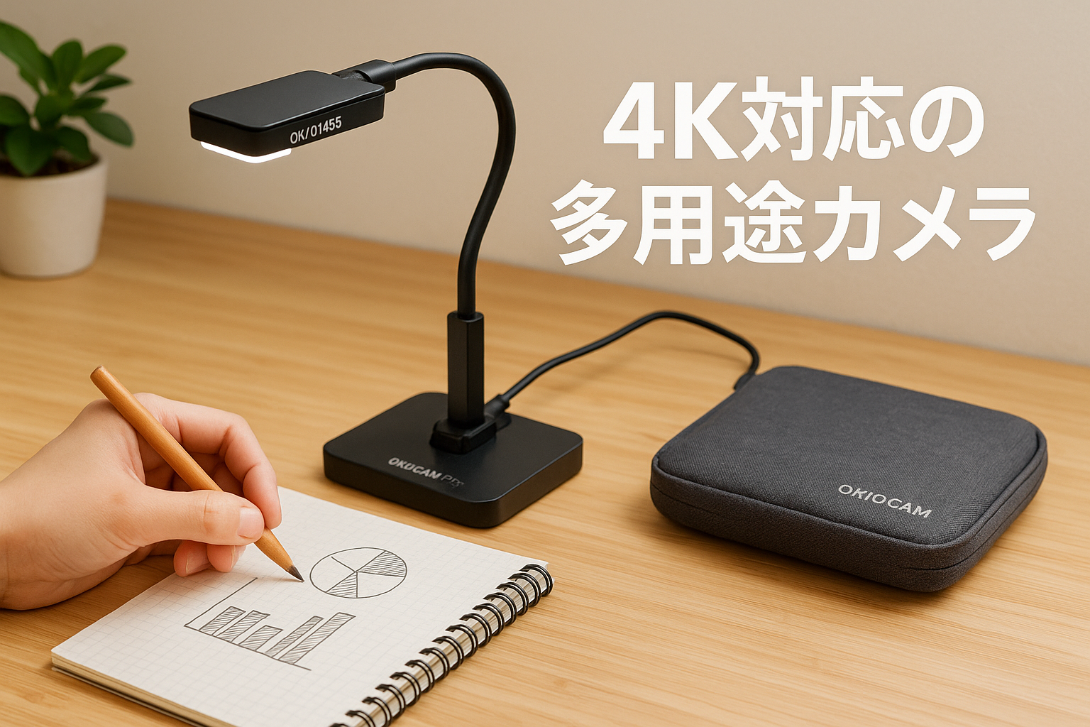OKIOLABS OKIOCAM S2 Pro USB 書画カメラ/WEBカメラ/実物投影機 4K 1300万画素10cm近接撮影 PC Mac iPad対応 LEDライト/マイク内蔵 オンライン授業 Zoom テレビ会議最適 ポータブルポーチ付き