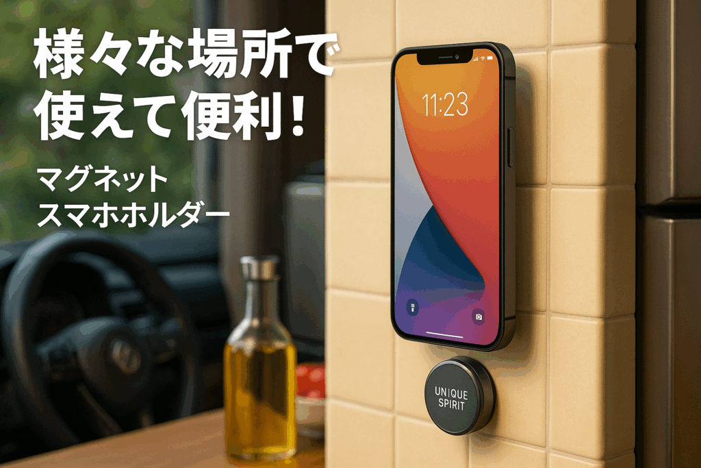 Unique Spirit マグネット スマホホルダー コンパクト 車載/キッチン/冷蔵庫/職場 いろんな場所で活用 真空吸着 磁気 スマホ固定 磁石 強力 片手 粘着 落下防止 便利グッズ プレート付く