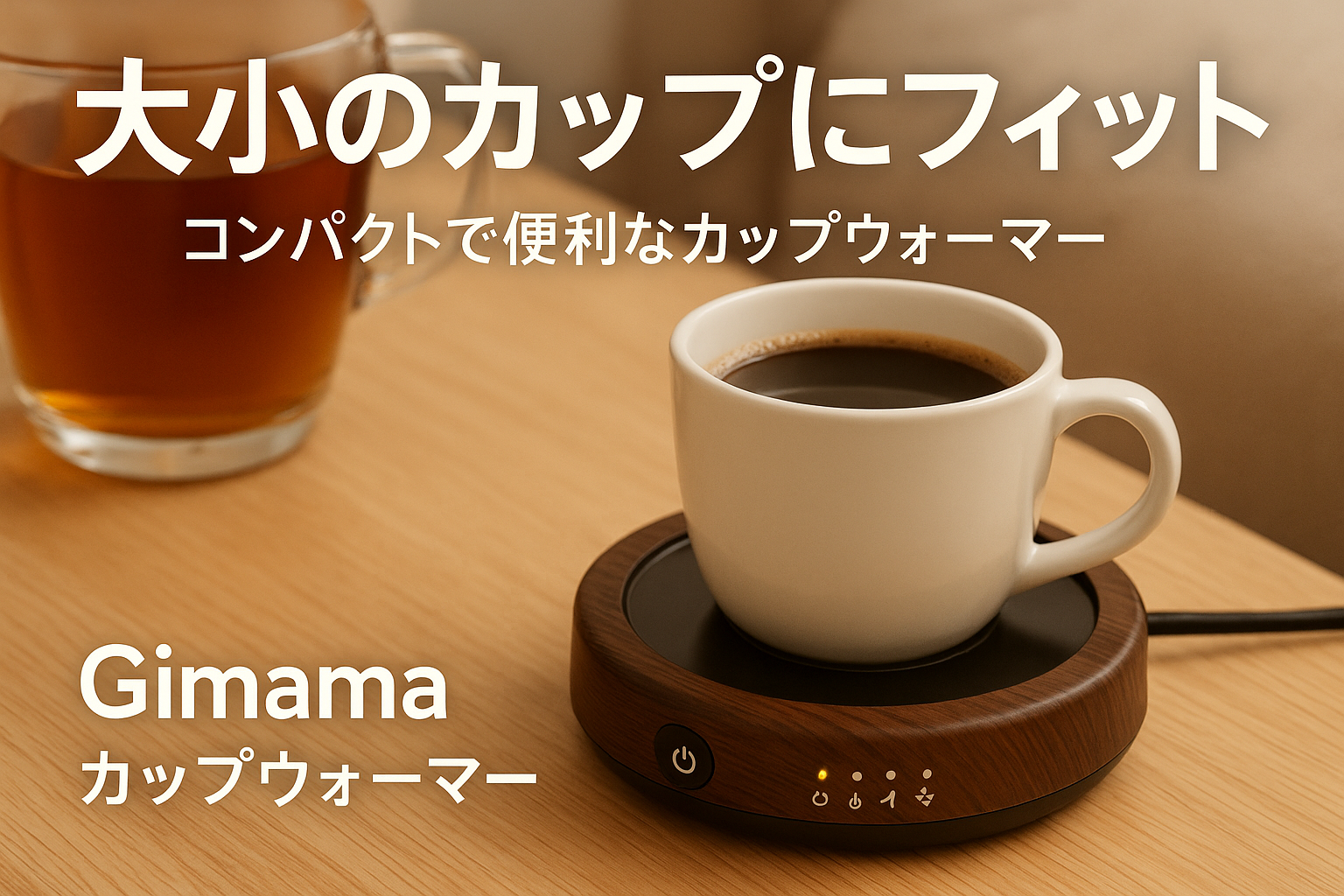 Gimama カップウォーマー 【コンパクトでも、大小カップに自在対応】 コーヒーウォーマー 4段階温度(45℃-75℃) 保温コースター 2-12Hタイマー 静音 ドリンクウォーマー 急速加熱 コーヒー/お茶/水/牛乳など飲み物 マグカップ ウォーマー 4時間自動電源オフ オフィス/家庭用 誕生日/クリスマス プレゼント PSE安全認証済み AC100V,50/60Hz全国対応（木目）