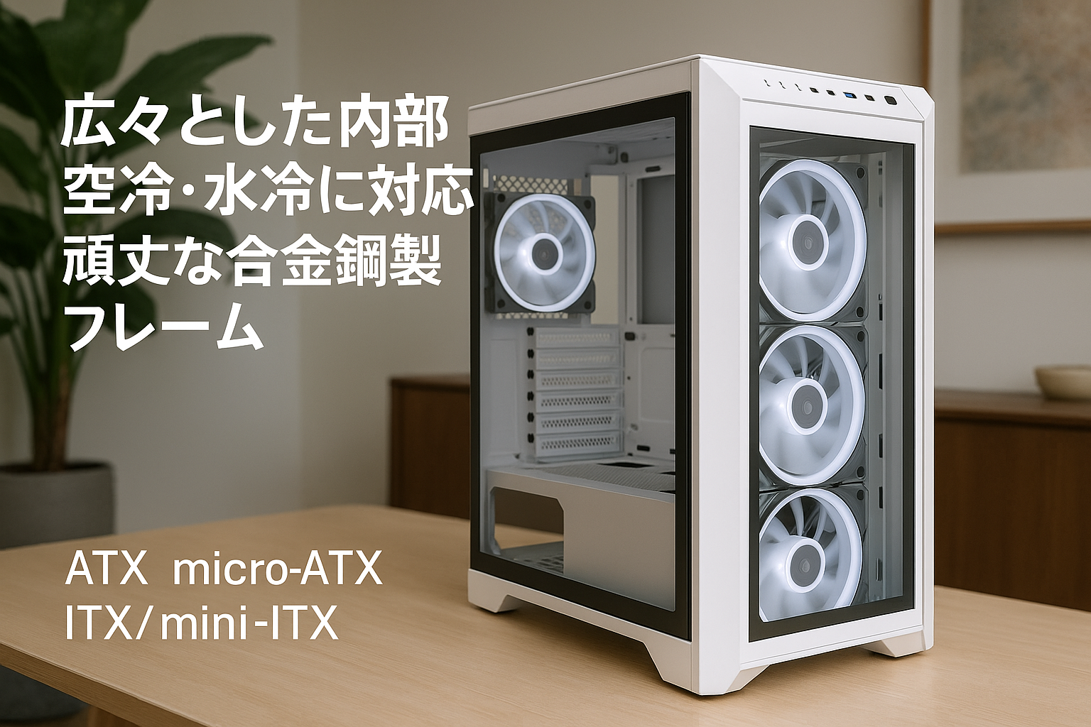 pcケース ミドルタワー pcケース atx ピラーレスpcケース type-c高速インターフェースUSB3.0 合金鋼強化ガラス ATX/M-ATX/ITX/Micro-ATXマザーボード対応 空冷対応 360水冷対応 (ホワイト)