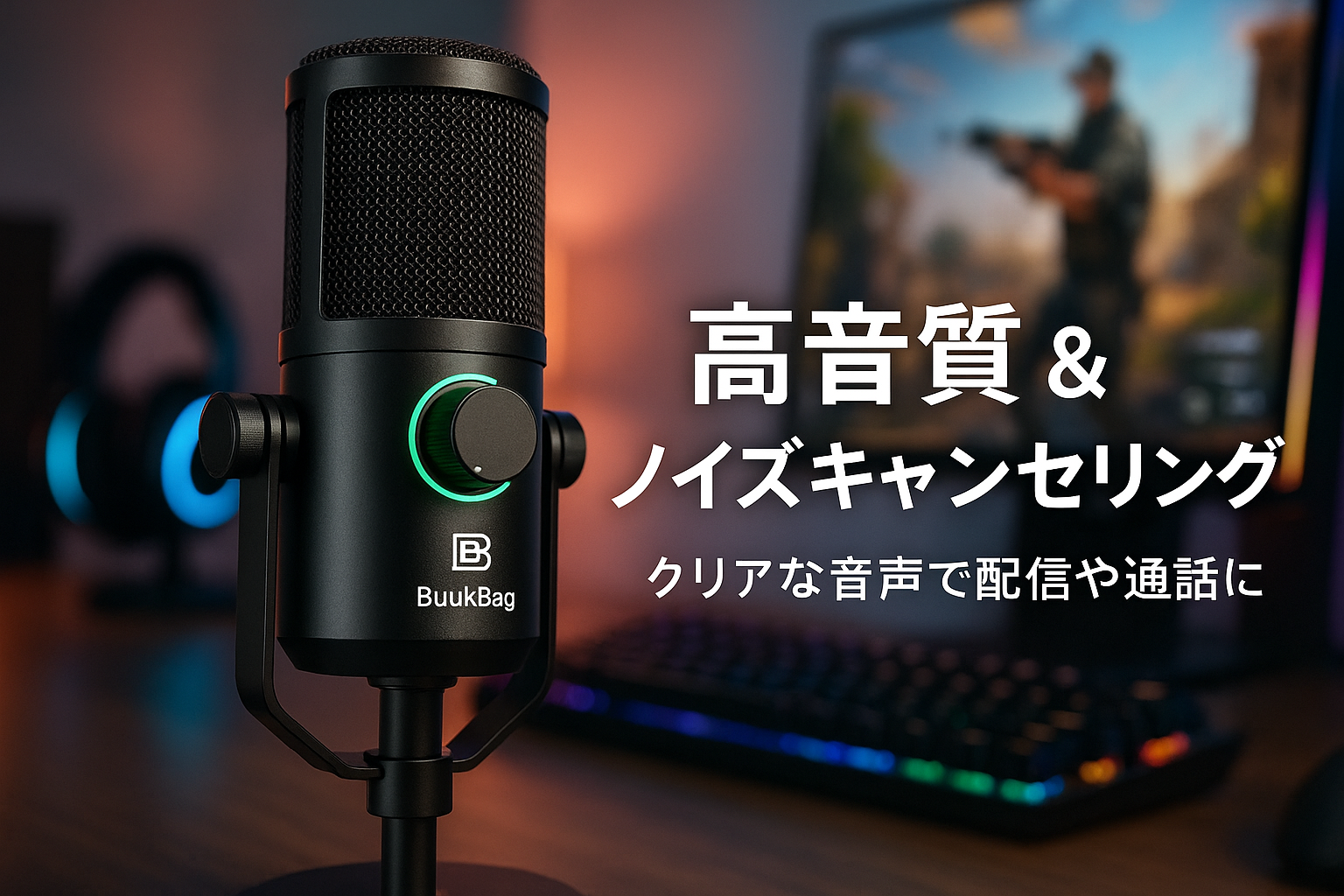 BuukBaag マイク コンデンサーマイク【192KHz/24bit ハイファイ音質·自動ノイズキャンセリング】ゲーミングマイク ゲーミング 実況/会議/録音/放送者/Discord/YouTube/Skype/Line/Zoom USB マイク pc マイク 配信用マイク Windows/Mac OS/Linux/Chrome OS/Vista対応 ク 単一指向性マイク スタンドマイク