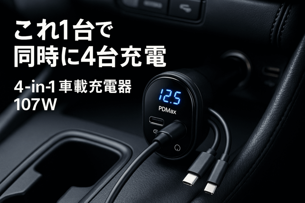 PDMAX 107W 4-in-1 車載充電器 シガーソケット USB 巻き取り式超急速充電カーチャージャーカー用品、USBケーブル2本付き(USB-C & iOS)&LEDの表示燈、USBポート2つ搭載 - iPhone16/15/14/13/12、Sharp AQUOS R9 /Wish 4/R8 Pro/Sense 8、Pixel 9/Pro XL/Pro Fold、Xperia対応