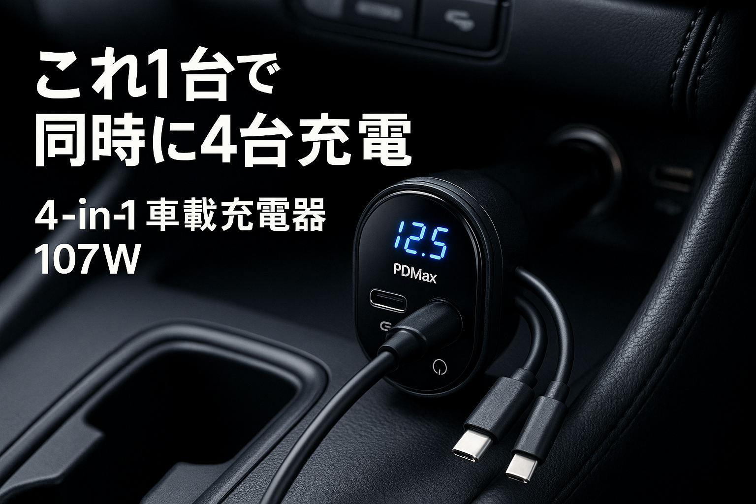 PDMAX 107W 4-in-1 車載充電器 シガーソケット USB 巻き取り式超急速充電カーチャージャーカー用品、USBケーブル2本付き(USB-C & iOS)＆LEDの表示燈、USBポート2つ搭載 - iPhone16/15/14/13/12、Sharp AQUOS R9 /Wish 4/R8 Pro/Sense 8、Pixel 9/Pro XL/Pro Fold、Xperia対応