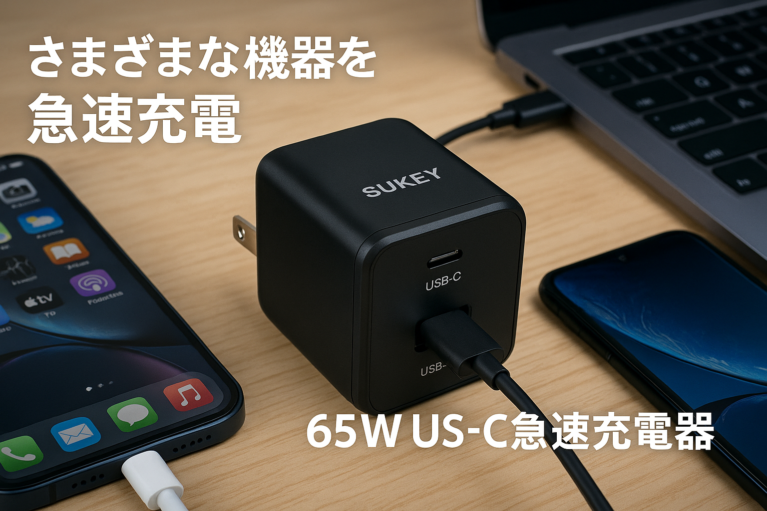 SUKEY PD 充電器 65W タイプC 急速充電器 折り畳み式 2ポート(USB-C*1とUSB-A*1) GaNII窒化ガリウム USB-C PD3.0 PPS規格対応 MacBook iPad Pro iPhone Galaxy Android各種 その他USB-C機器対応 PSE技術基準適合 ブラック