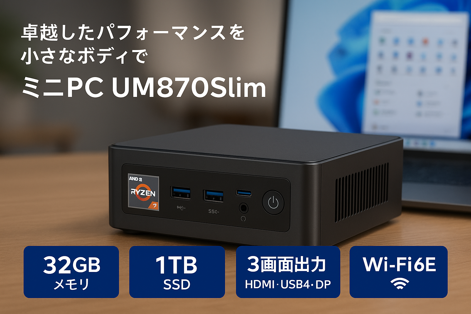 ミニPC UM870Slim AMD Ryzen 7 8745H(8C/16T) mini pc DDR5 32GB 1TB SSD Windows 11 Pro Radeon 780M ミニパソコン HDMI・USB4・DP 3画面 2.5Gbps LAN・Wi-Fi6E・BT5.3 小型pc