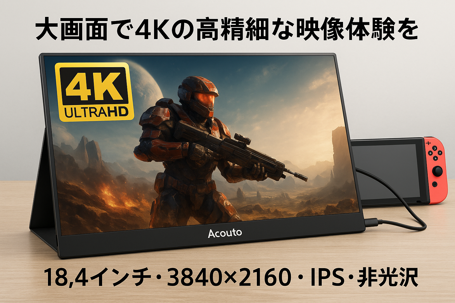Acouto XC18 Max モバイルモニター 4K 18.4インチ 疲れ目軽減/青色光源を低減 モバイルディスプレイ ゲーム スイッチ用 USB Type-C/HDMI【3840 x 2160/非光沢/内蔵スピーカー/スタンド付/IPSパネル/VESA対応】PS5/XBOX/Switch/PC/Macスマホなど対応