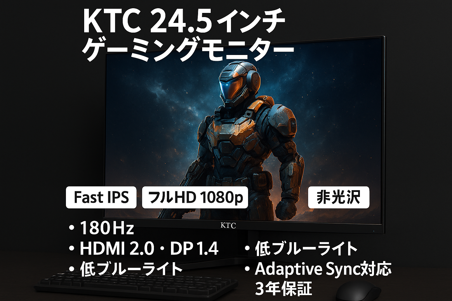KTC 24.5インチゲーミングモニター Fast IPSパネル フルHD 1080P 非光沢ディスプレイ (180Hz, HDMI 2.0, DP 1.4, 低ブルーライト, フリッカーフリー, Adaptive Sync対応) 三年保証付き H25T7