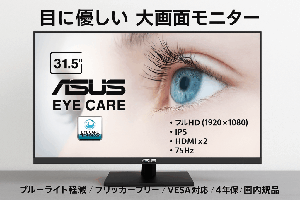 ASUS モニター Eye Care VA329HE-J 31.5インチ / フルHD (1920 x 1080) / IPS / HDMIx2 / 75Hz / ブルーライト軽減/フリッカフリー/VESA対応 / 4年保証 / 国内正規品