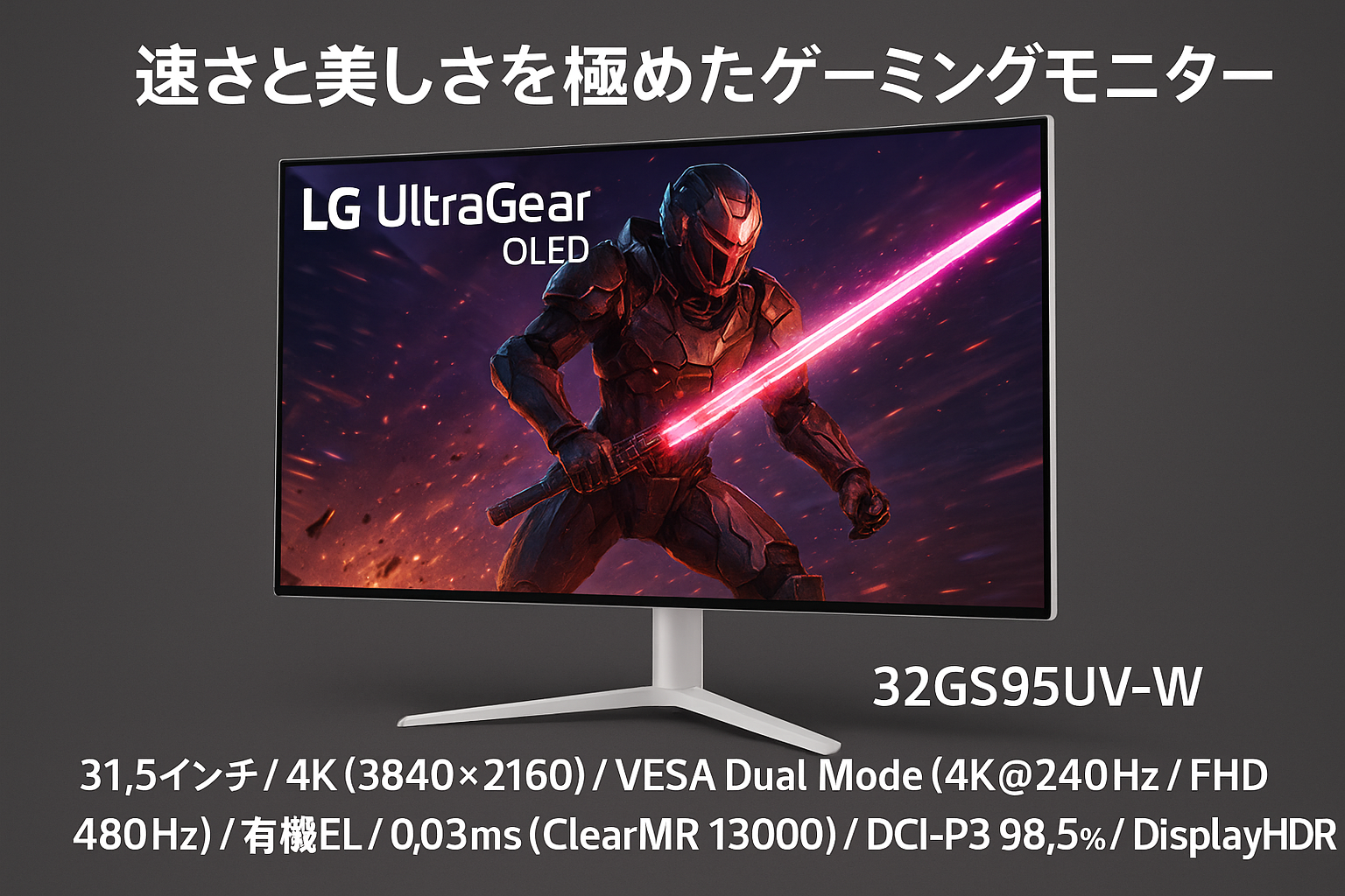 LG ゲーミングモニター UltraGear OLED 32GS95UV-W 31.5インチ/4K(3840×2160)/VESA Dual Mode(4K@240Hz/FHD@480Hz)/有機EL/0.03ms(ClearMR 13000)/DCI-P3 98.5%/DisplayHDR True Black 400/ホワイト