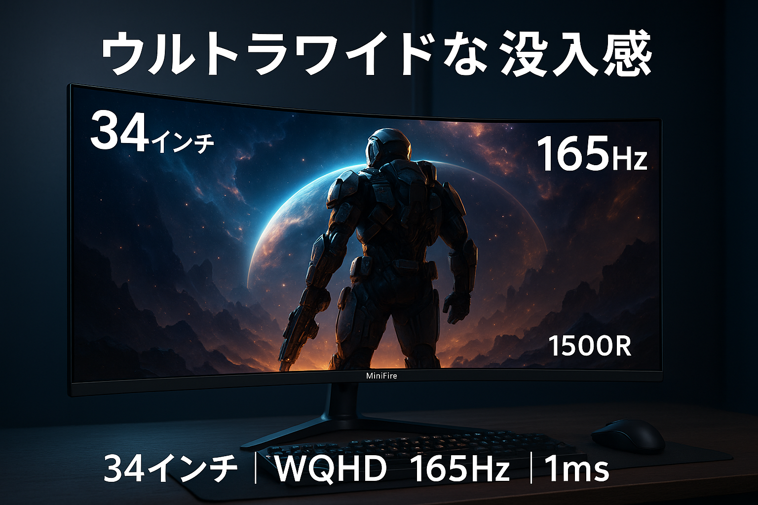Minifire 34インチゲーミングモニター 曲面ウルトラワイド WQHD(3440*1440p) 165Hz 1ms応答速度 21:9 曲面 1500R VA HDR sRGB125% 輝度300cd/㎡ 分屏機能/スピーカー内蔵/HDMI Port×2,DisplayPort×1/ 三年保証で安心