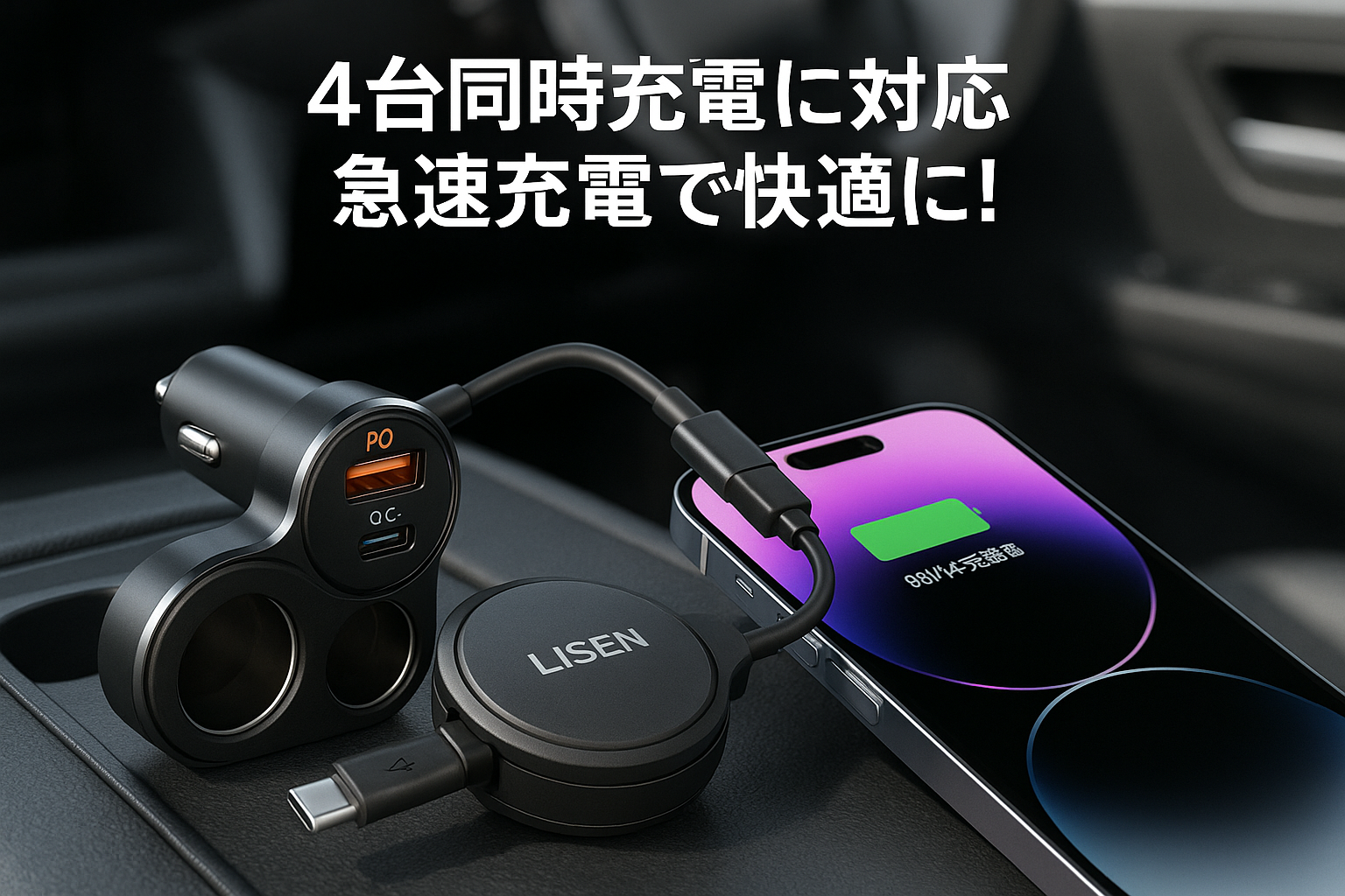 LISEN シガーソケット USB & USB-C 巻き取り式充電ケーブル 車 充電器 【69W 急速充電 4台同時に充電可能】 ソケット カー用品 車用品 旅行 便利グッズ ハイエース アクセサリー 母の日のプレゼント iPhone 16 15 14 Pro iPad Air Xiaomi 15 Ultra Galaxy S25 Ultra Xperia対応 12V 24V 車載充電器 ブラック