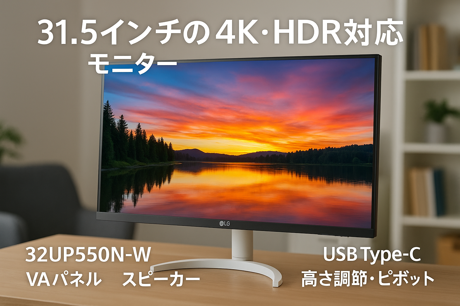 LG モニター ディスプレイ 32UP550N-W 31.5インチ/4K/VA/アンチグレア/HDR/USB Type-C,HDMI×2,DisplayPort/スピーカー/FreeSync/ブルーライト低減、フリッカーセーフ/ピボット、高さ調節 /3年安心・無輝点保証