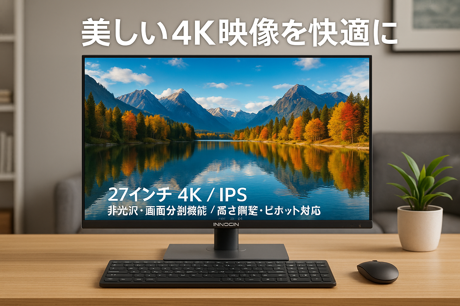 モニター INNOCN 27C1U Super 4K 27インチ 3840 x 2160 UHD IPS 非光沢 画面分割機能 家用 ビジネス USB-A・USB-B・USB Type-C・DP・HDMI VESA規格 ブルーライト軽減 ピボット機能 高さ調整 モニター台 キーボード収納 PC台 スピーカー内蔵 VESA対応 日本語取扱説明書付き(27C1U Super/4K/ IPS)