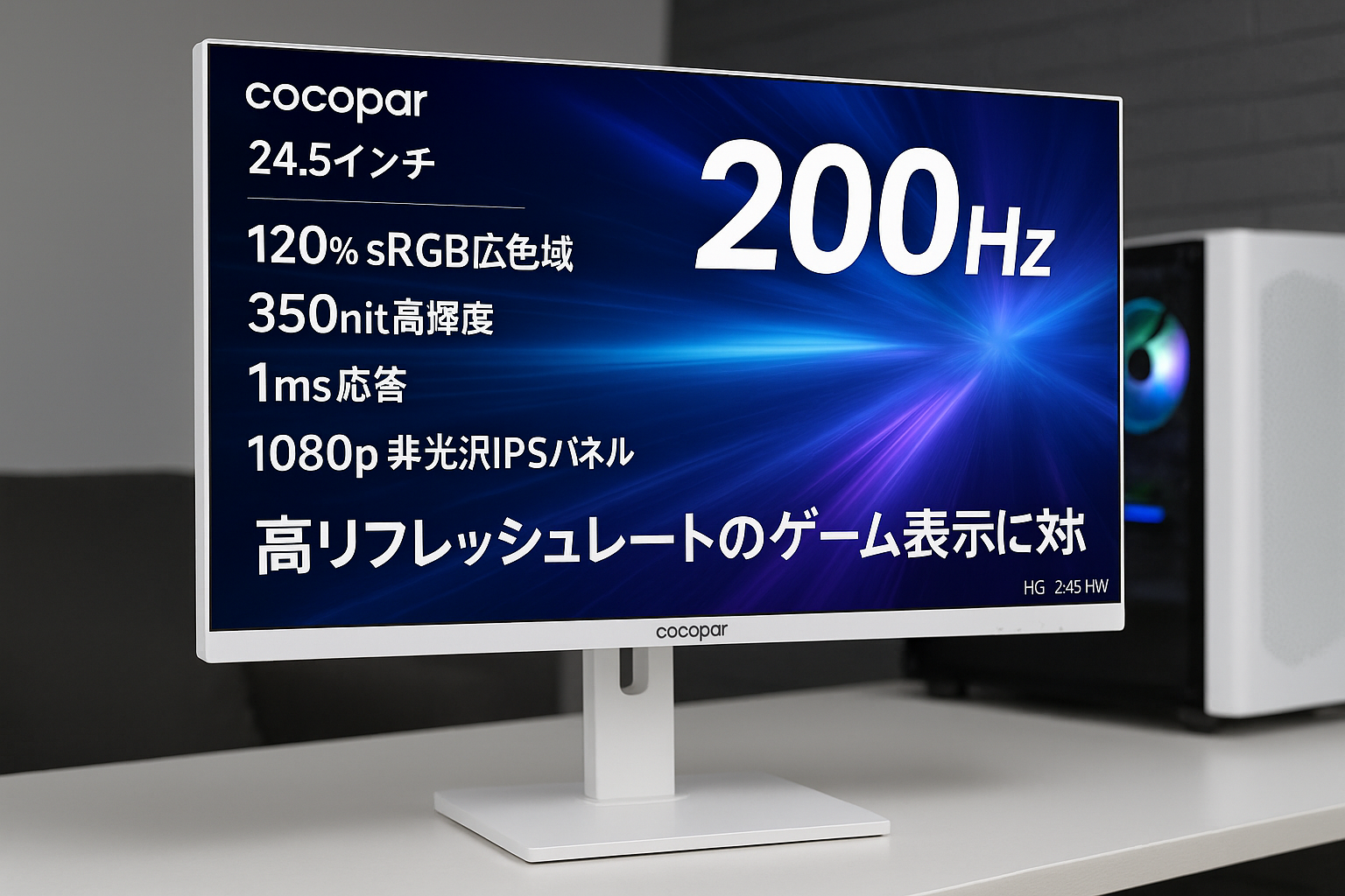 cocopar モニター 24.5インチ 白 HDMI2つ 200Hz /180Hz /165Hz/144Hz/120Hz対応 120%sRGB広色域 350nit高輝度 1ms応答 1080p 非光沢IPSパネル VESA対応 角度調整 HDMI2.0 DP1.4 ゲーミングモニター FreeSync/HDR/OD/MPRT/チルト/スピーカー ホワイト HG-245HW
