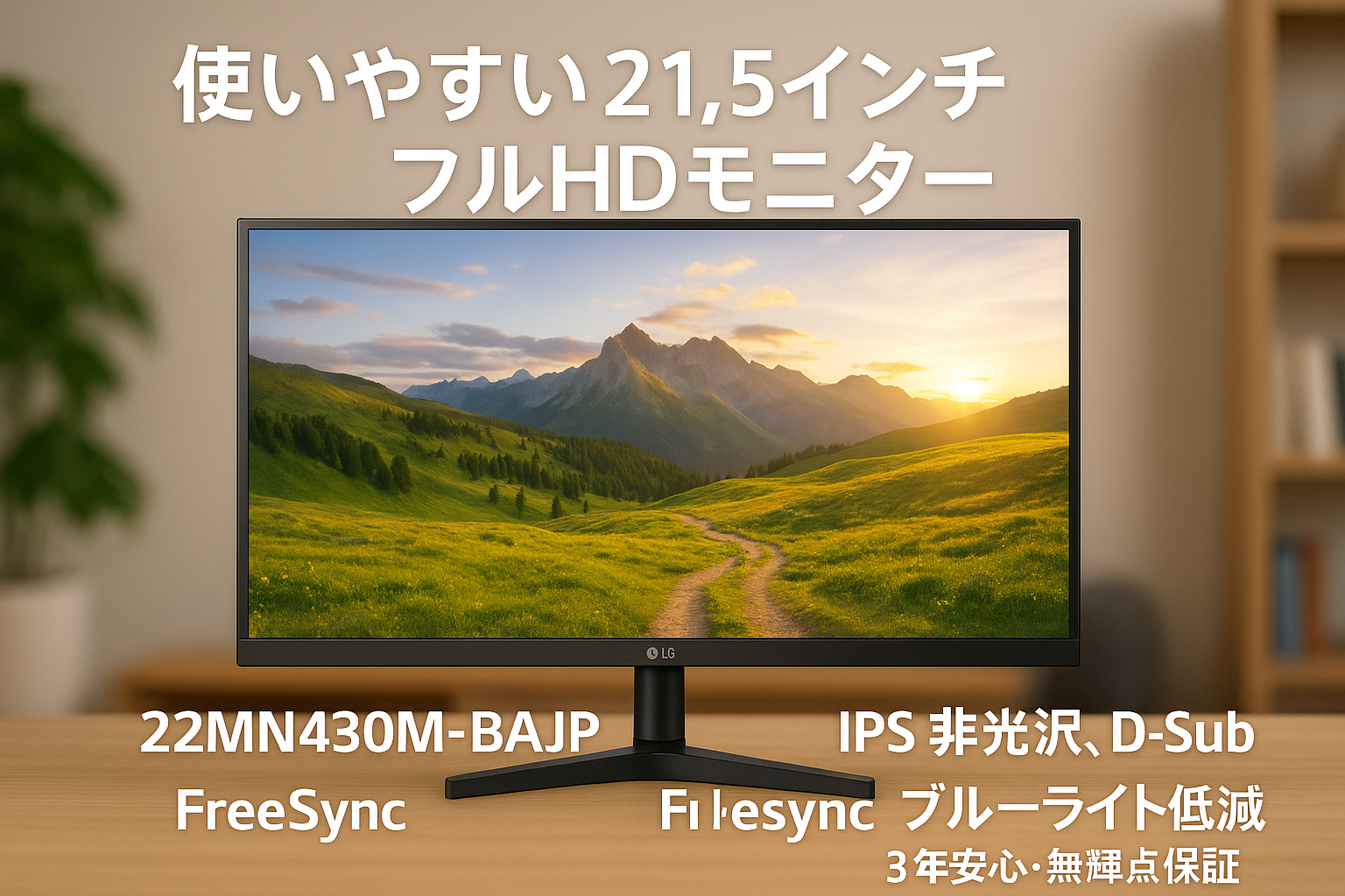 LG モニター ディスプレイ 22MN430M-BAJP 21.5インチ/フルHD/IPS 非光沢/HDMI×2、D-Sub/FreeSync/ブルーライト低減、フリッカーセーフ/3年安心・無輝点保証