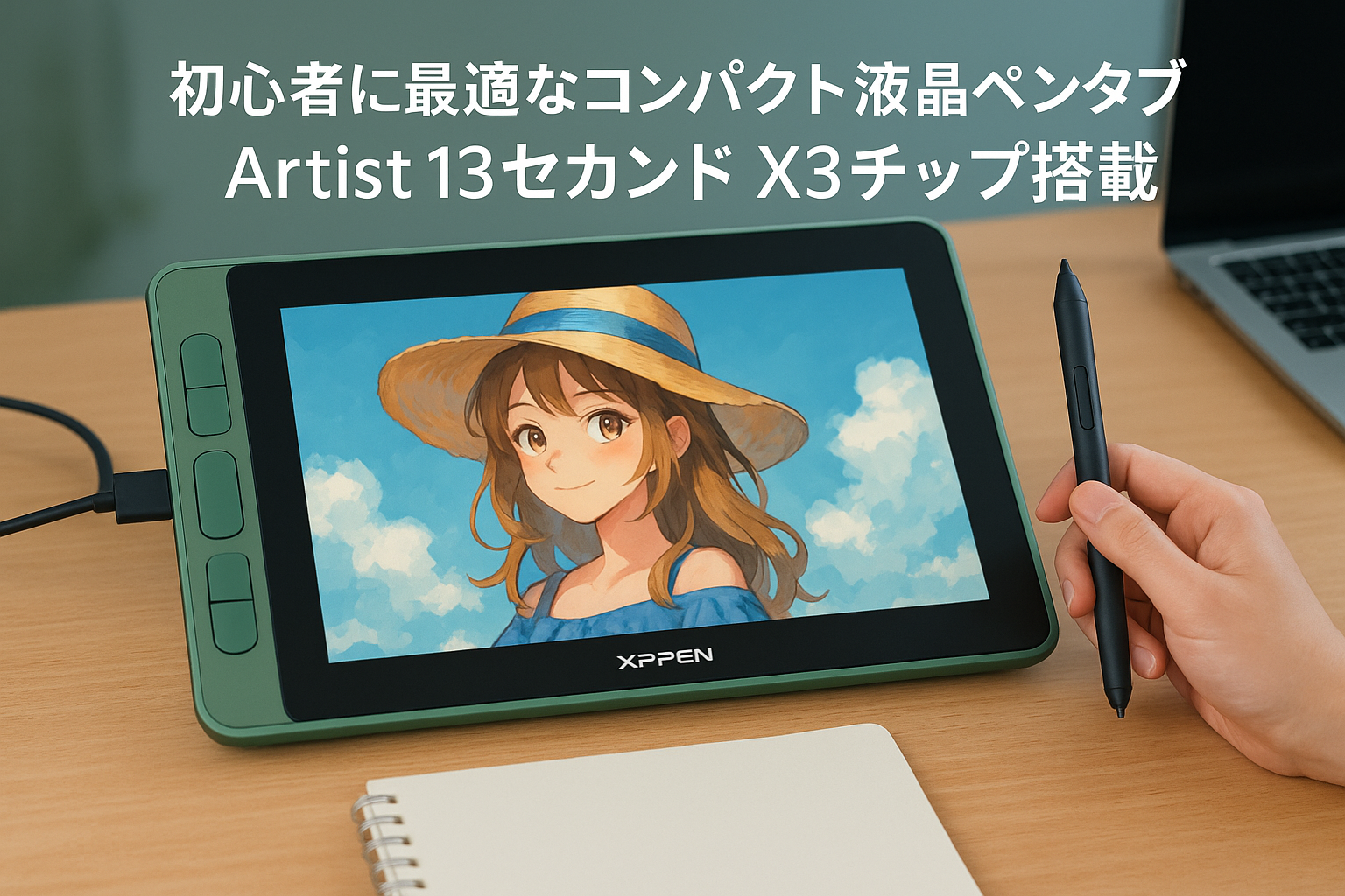 XPPen 液タブ Artist 13セカンド X3チップ搭載ペン 液晶タブレット 4色選択可 初心者 Android Windows MacOS対応 イラスト 写真加工 テレワーク オンライン授業 お絵描きソフトウェア付き グリーン