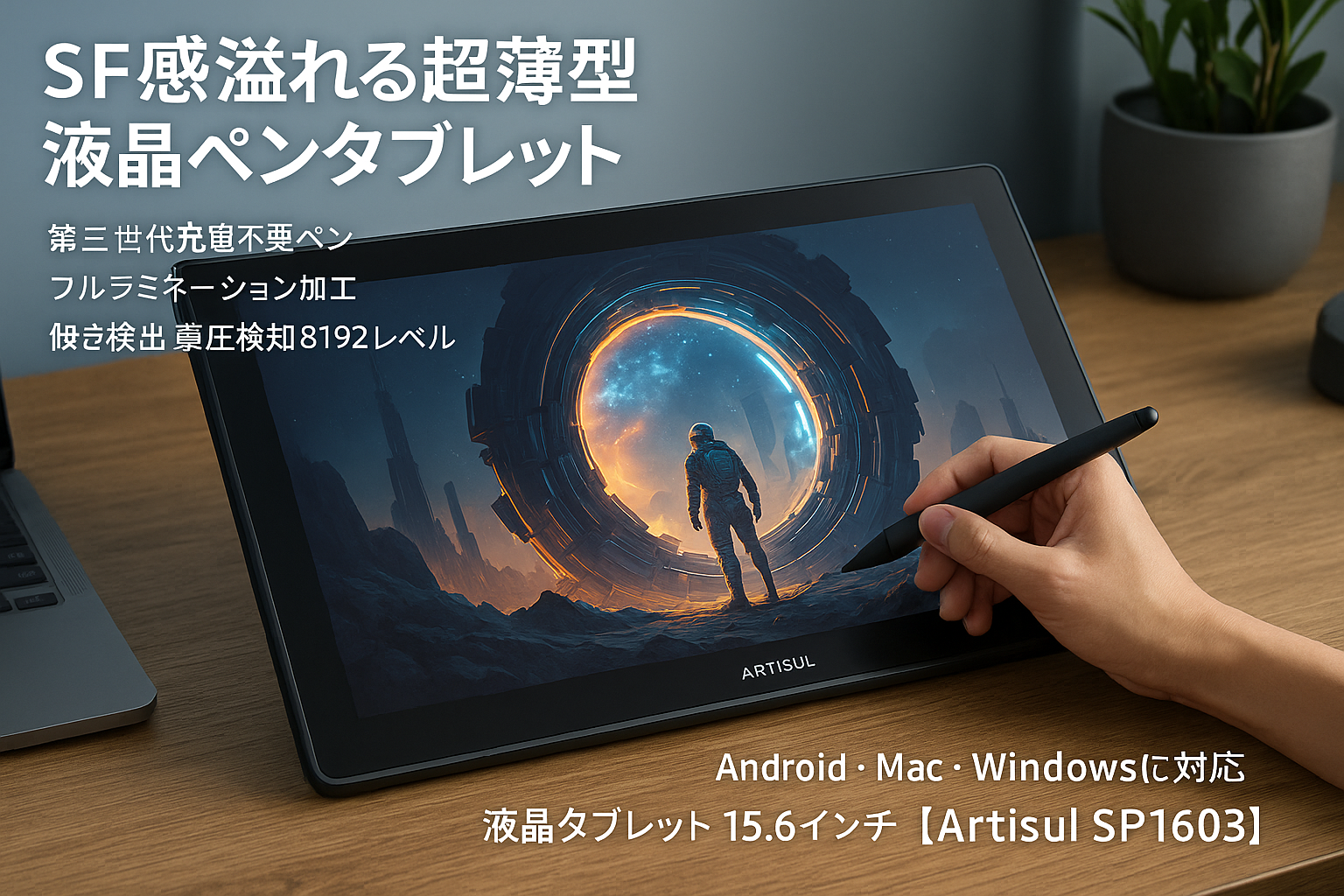 Artisul 液タブ SF感溢れる超薄型 液晶ペンタブレット 第三世代充電不要ペン フルラミネーション加工 傾き検出 筆圧検知8192レベル 板タブモード スマホで使える Android・Mac・Windowsに対応 液晶タブレット 15.6インチ 【Artisul SP1603】 〖2年保証〗