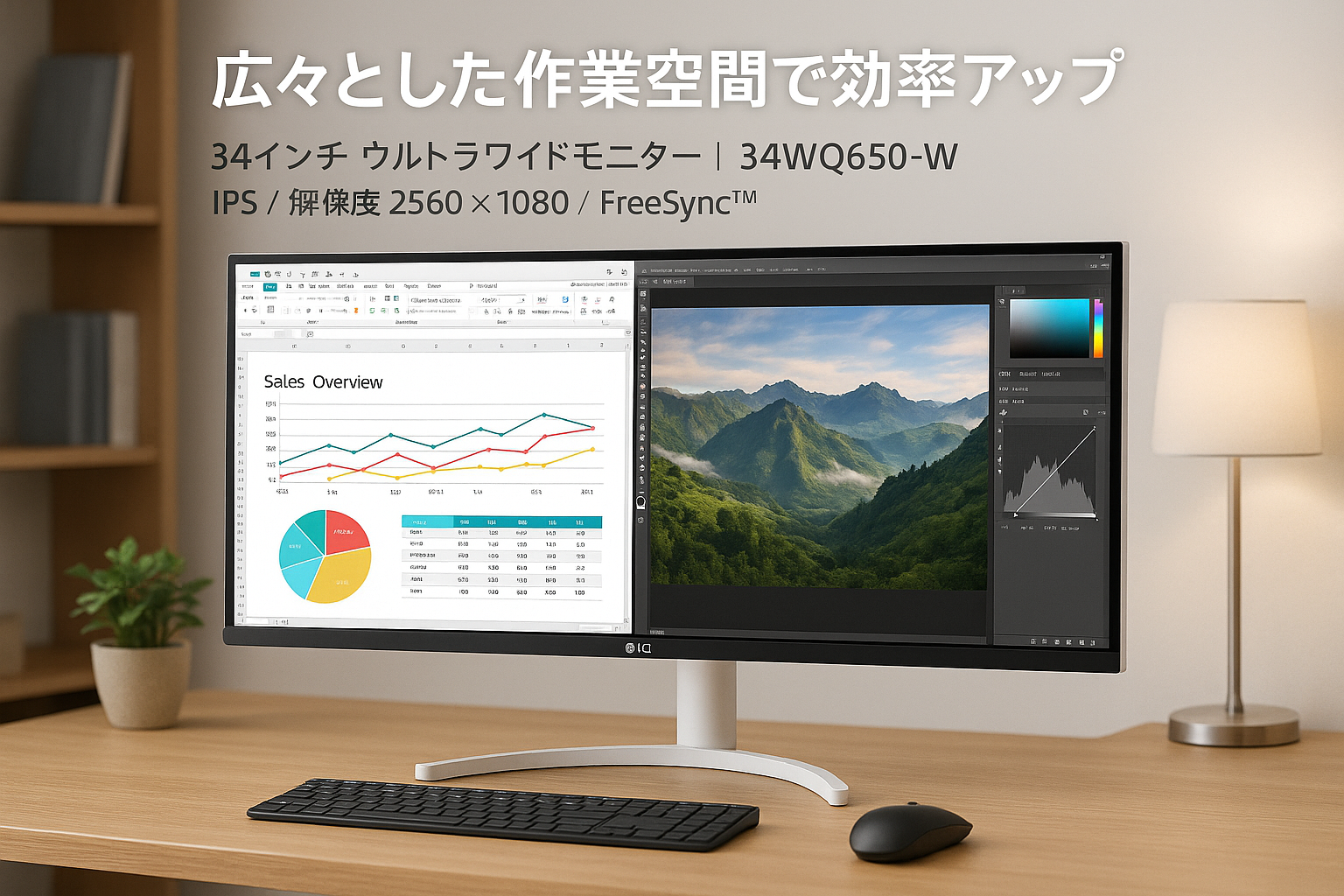 LG モニター ディスプレイ 34WQ650-W 34インチ/平面/ウルトラワイド(2560×1080)/IPS 非光沢/100Hz/USB Type-C、HDMI、DisplayPort/HDR対応/超解像技術/7W+7Wスピーカー搭載/高さ調節/ホワイト/FreeSync/工具不要/3年安心・無輝点保証