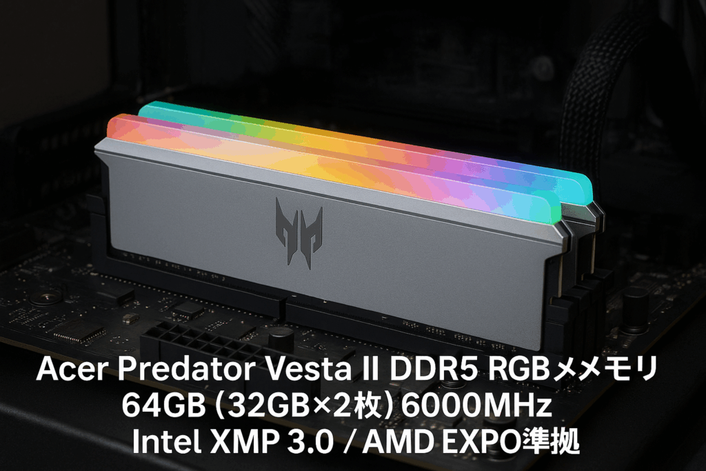 Acer Predator Vesta Ⅱ DDR5 6000MHz デスクトップPC用メモリ 64GB（32GB×2枚） CL30 RGB(発光型) シリーズ (PC5-48000) Intel XPM 3.0 準拠 AMD EXPOメモリキット シルバー BL.9BWWR.371