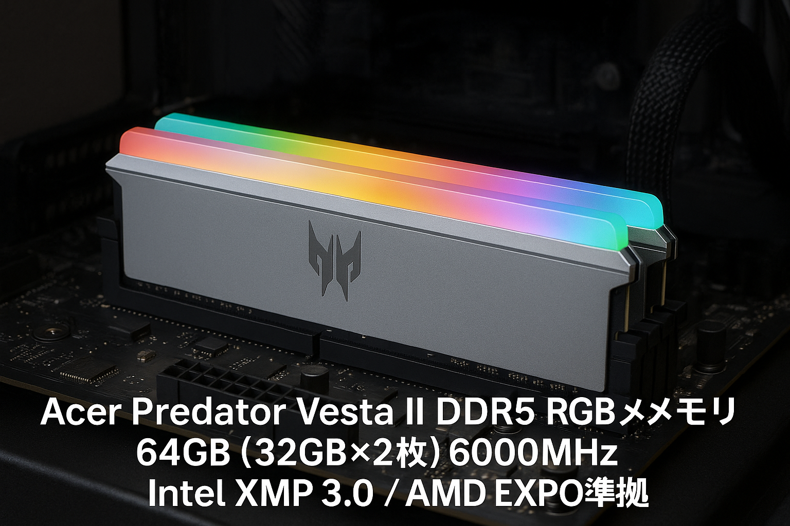 Acer Predator Vesta Ⅱ DDR5 6000MHz デスクトップPC用メモリ 64GB（32GB×2枚） CL30 RGB(発光型) シリーズ (PC5-48000) Intel XPM 3.0 準拠 AMD EXPOメモリキット シルバー BL.9BWWR.371