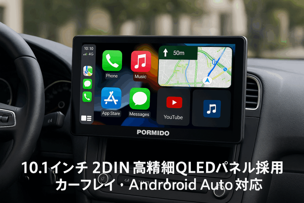 PORMIDO ディスプレイオーディオ 10.1インチ 2din 大画面の高精細QLED液晶パネル採用【Carplay Android Auto/ミラーリング ワイヤレス/有線接続対応】YouTube地図ナビなどのアプリ対応 カーオーディオ WiFi/Bluetooth音樂・通話/USB/RCA/日本FMラジオ機能搭載 ステアリング/バックカメラ連動 技適取得済み品【PRA102】