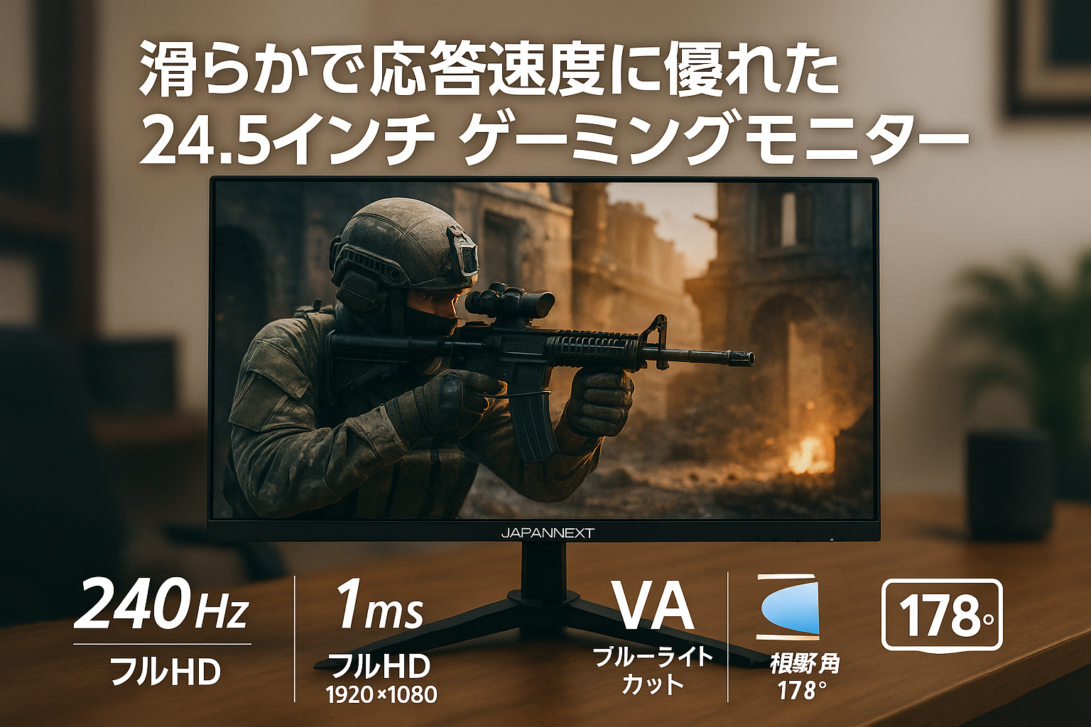 JAPANNEXT 24.5インチ ゲーミングモニター 240Hz 1ms フルHD 1920x1080解像度 VA パネル ディスプレイ (HDMI/DisplayPort/VESA対応/ブルーライトカット / 視野角178°) JN-VG245FHDR240