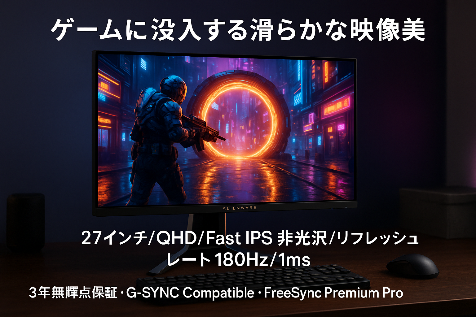 Dell AW2724DM 27インチ Alienware ゲーミングモニター(無輝点3年保証/QHD/Fast IPS,非光沢/DP×2,HDMI/DCI-P3 95%/縦横回転,高さ調整/1ms/180Hz/G-SYNC Compatible,FreeSync Premium Pro,DisplayHDR 600)