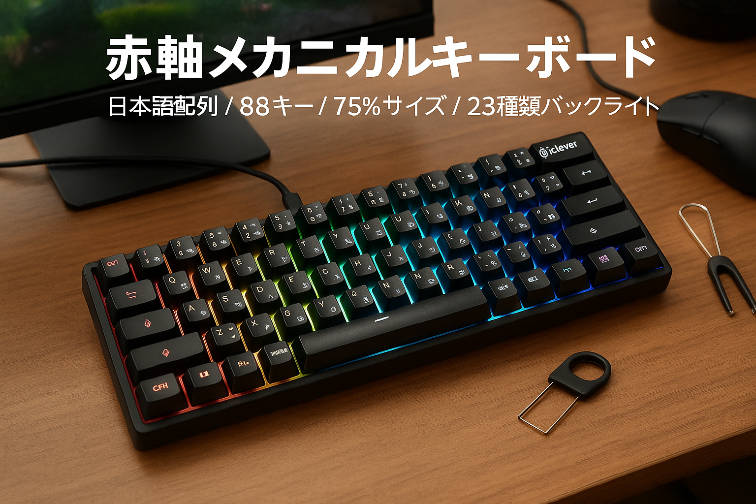 iClever ゲーミングキーボード テンキーレス 赤軸 メカニカル キーボード 日本語配列 88キー 75%サイズ RGB 23種類 バックライト カスタマイズ 静音 有線 着脱式ケーブル ゲーム/オフィス用 パソコンキーボード キーキャッププーラー付属 高速反応 G05 (ブラック)