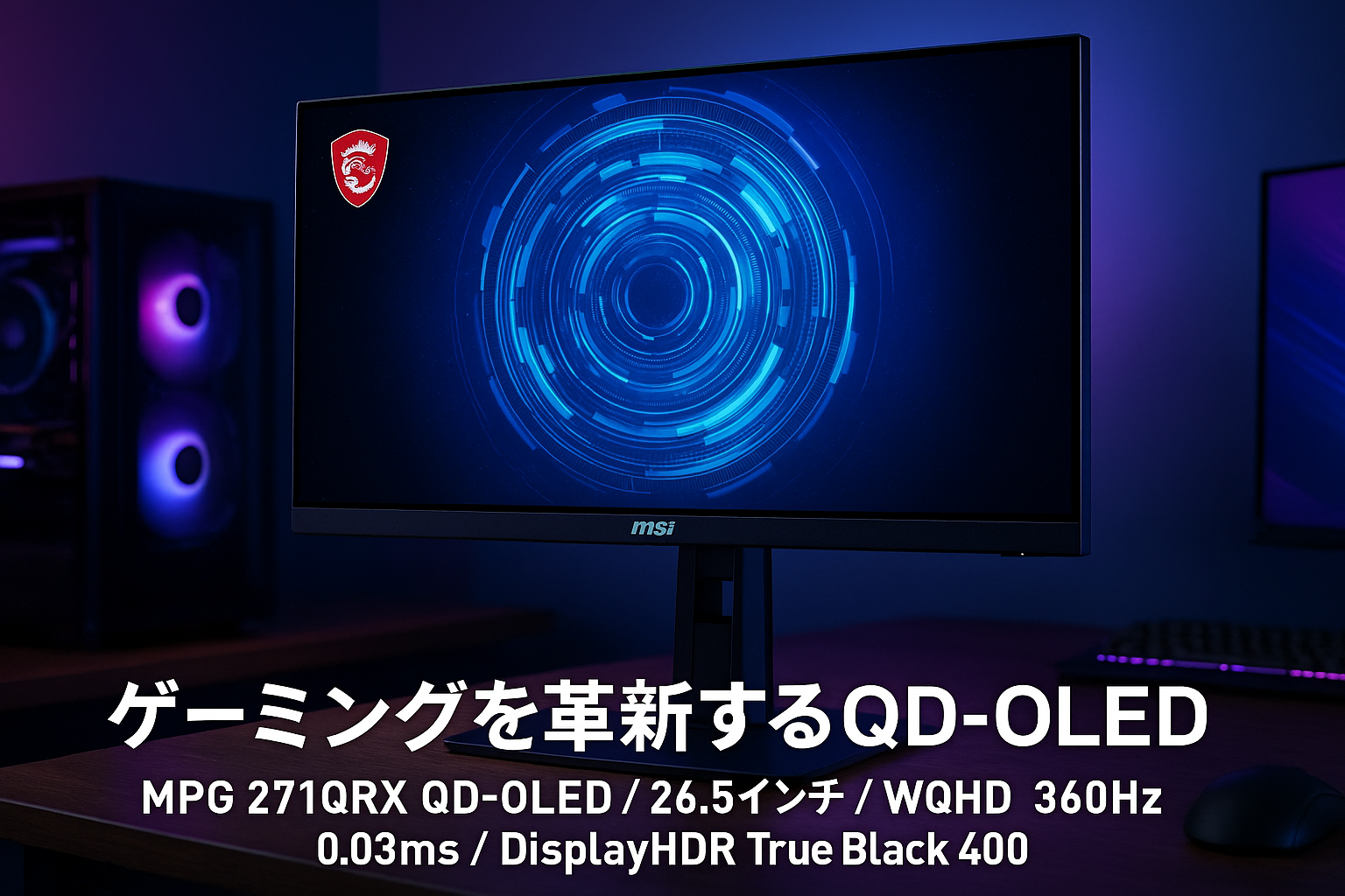 MSI QD-OLED ゲーミングモニター MPG 271QRX QD-OLED 26.5インチ/WQHD/QD-OLEDパネル/360Hz/0.03ms（GTG）/ハードウェアブルーライトカット/DisplayHDR True Black 400/AIビジョン/HDMI2.1/DP 1.4a/USB Type-C（最大90W）/KVMスイッチ/縦横回転・高さ調整/メーカー3年保証