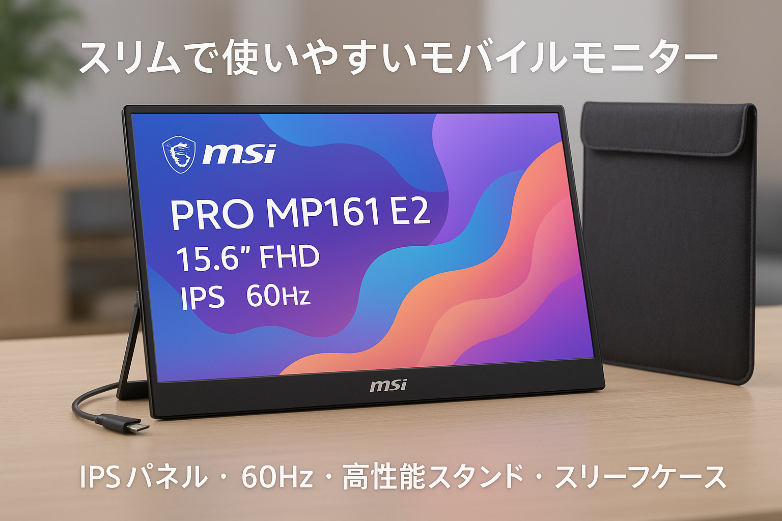 MSI モバイルモニター PRO MP161 E2 15.6インチ/フルHD/IPSパネル/60Hz/薄型設計/高性能スタンド/片側L字ケーブル/スリーブケース/高性能スタンド付き/スピーカー(1.5W + 1.5W)/HDMI/USB Type-C/メーカー3年保証