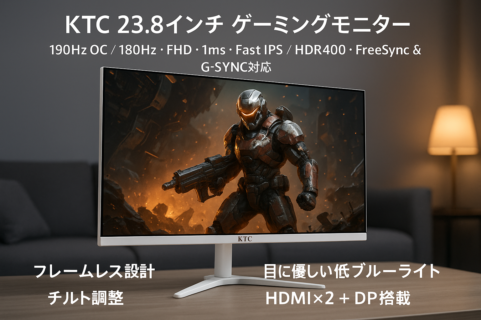 KTC 23.8 インチ ゲーミングモニター (190Hz OC可能/180Hz/FHD/1ms/Fast IPS/HDR400/FreeSync&G-Sync対応) フレームレス設計 目に優しい低ブルーライト チルト調整 HDMI×2+DP搭載 sRGB133% 400nit （ホワイト）H24F8