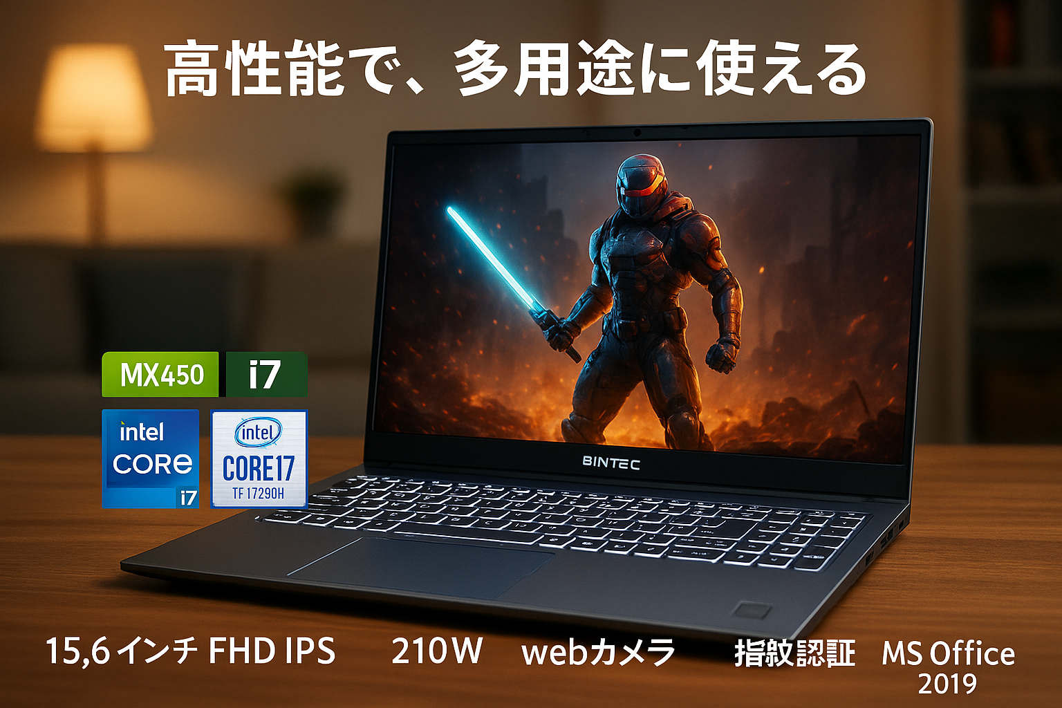BINTEC Core i7 第11世代ノートパソコン/専用グラフィックスカード【NVIDIA MX450+Core i7-11390H】ゲーミングノートpc/3.4GHz(最大5.0GHz)15.6インチ FHD IPS/210W webカメラ/Win 11対応・MS Office 2019搭載/指紋認証/NvMe SSD/バックライトキーボード搭載/USB Type-C(2000G SSD)