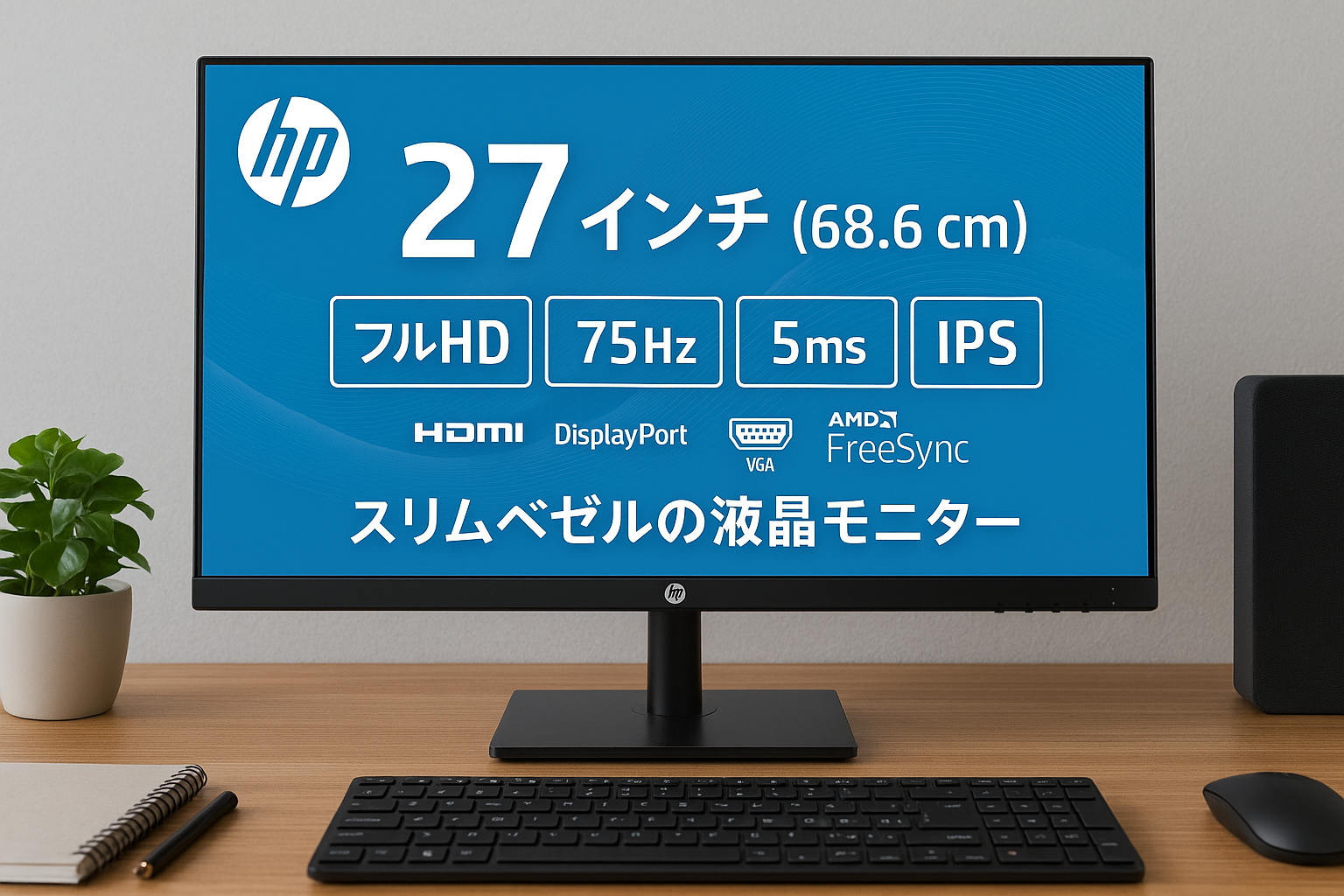 HP モニター V27i G5 27インチ フルHD 75Hz 5ms IPSパネル 非光沢 HDMI DisplayPort VGA AMD FreeSync 角度調整ブルーライトカット 薄型ベゼル（型番：65P65AA-AAAB）