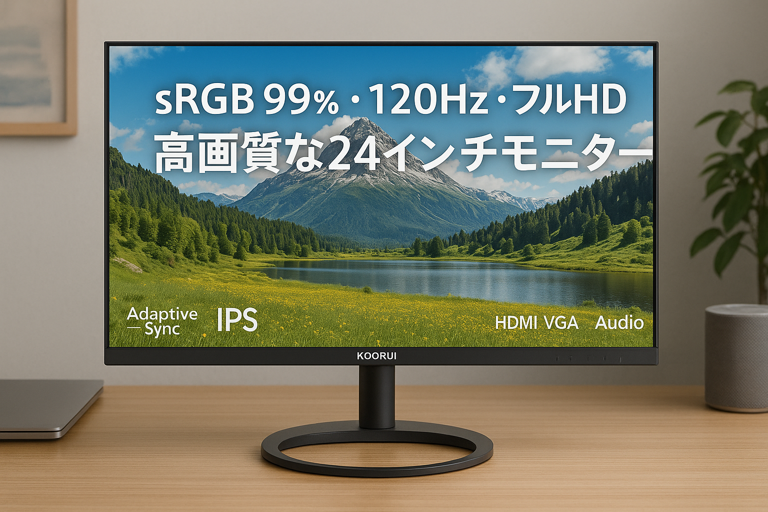 KOORUI モニター 24インチ 120Hz フルHD 1920x1080 IPSパネル PCモニター sRGB 99% Adaptive Sync対応/HDMI/VGA/オーディオ端子 ブルーライト軽減 VESAマウント対応 角度調整可能 E2411H