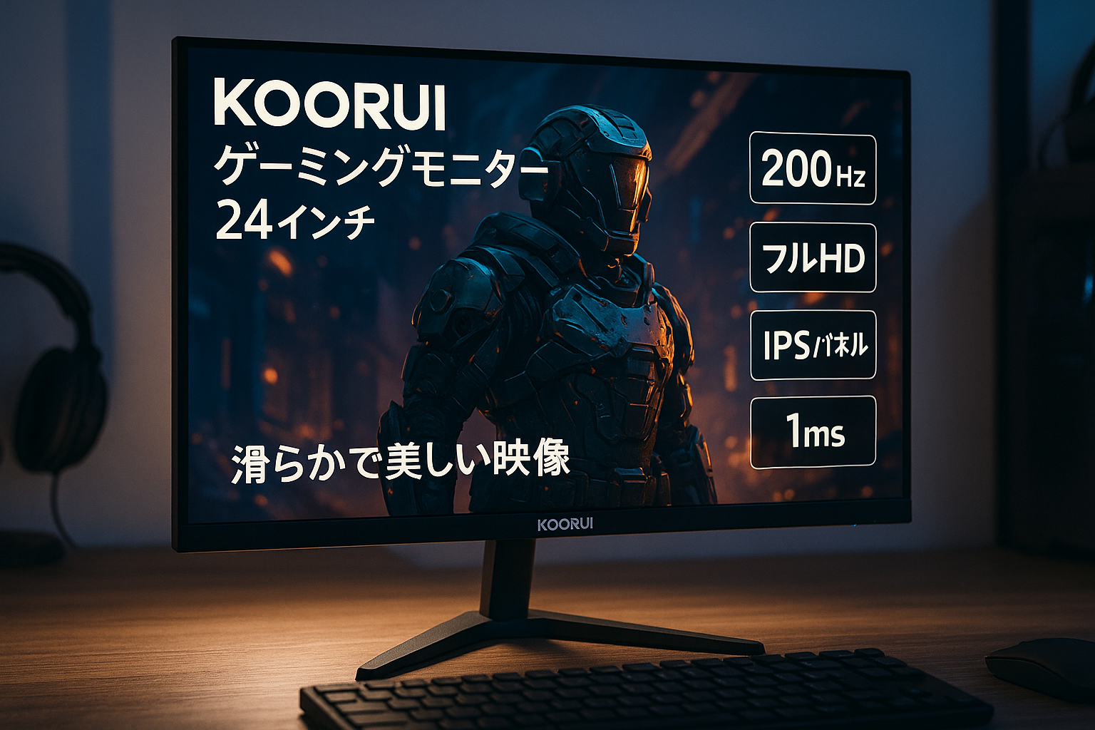 KOORUI ゲーミングモニター 24インチ 200Hz フルHD モニター IPSパネル 1ms (AdaptiveSync/HDMI×2/DisplayPort/VESA対応/ブルーライト軽減/HDR400)，G2411P