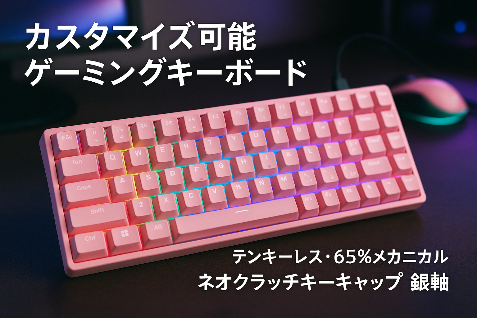 エレコム ゲーミングキーボード V-custom VK300S 有線 RGB テンキーレス 65%サイズ メカニカル ネオクラッチキーキャップ 銀軸 スピードリニア USBポート搭載 ピンク TK-VK300SPN