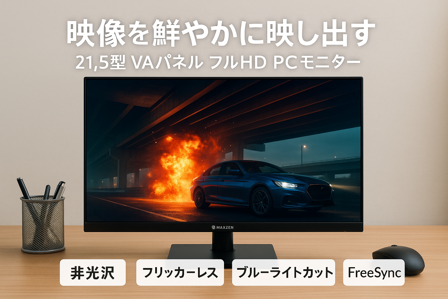 モニター 21.5型 液晶ディスプレイ ベゼル ディスプレイ 液晶モニター PCモニター 壁掛け フリッカーレス FreeSync 21.5インチ 角度調節 FullHD 映画 ブルーライトカット VAパネル VESAフル HD FHD 非光沢 ノングレア MAXZEN JM22CH02 マクスゼン