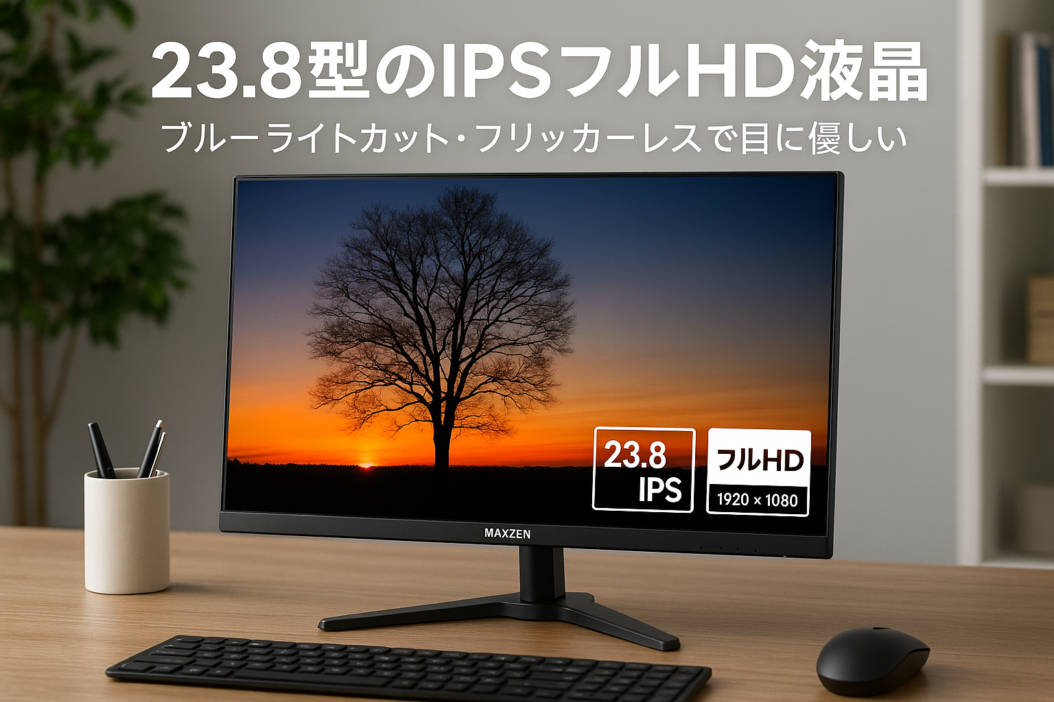 モニター 23.8型 液晶ディスプレイ ベゼル ディスプレイ 液晶モニター PCモニター 壁掛け フリッカーレス FreeSync 23.8インチ 角度調節 FullHD 映画 ブルーライトカット IPSパネル VESAフル HD FHD 非光沢 ノングレア MAXZEN JM24CH01