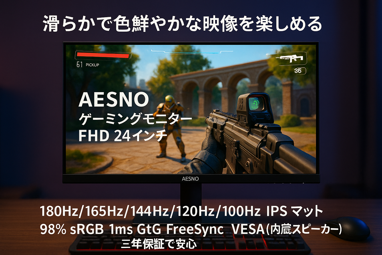 AESNO ゲーミングモニター FHD 24 インチ 180Hz/165Hz/144Hz/120Hz/100Hz PCディスプレイ IPS マット 98% sRGB 広色域 1ms GtG FreeSync VESA （内蔵スピーカー）三年保証で安心
