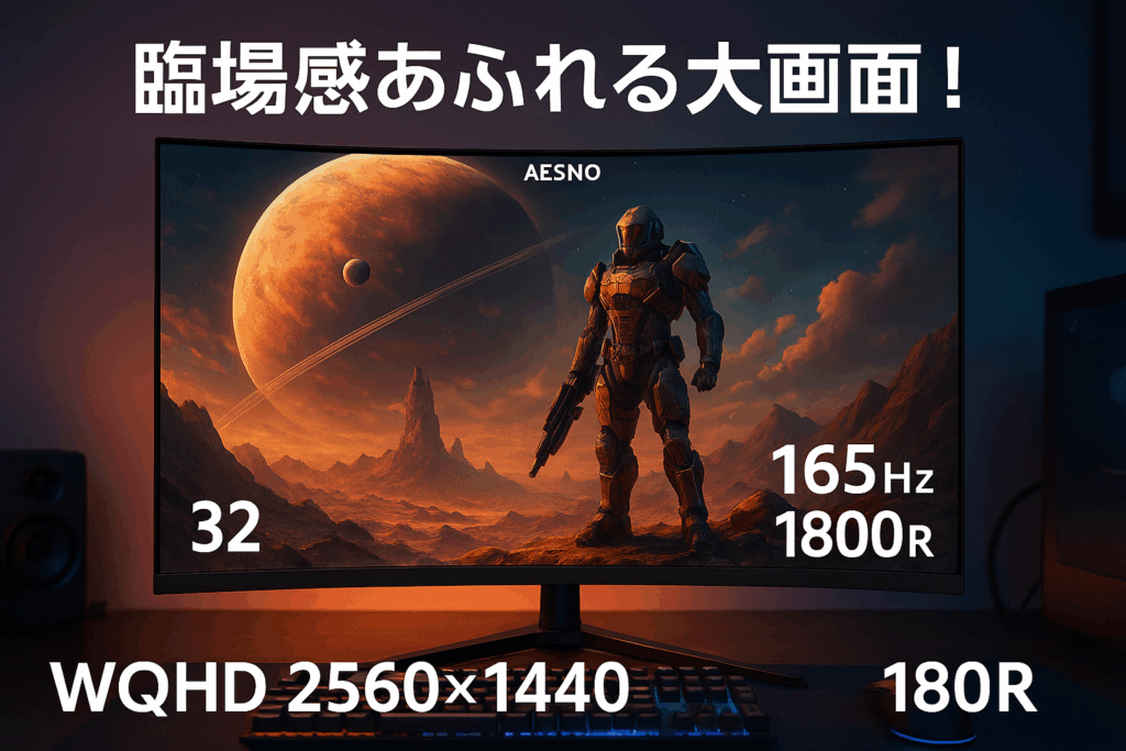 AESNO 32インチ ゲーミング モニター WQHD 2560x1440 165Hz 2K ディスプレイ 1440P 湾曲1800R VA 対応 Freesync 75% NTSC 1Ms GtG VESA 三年保証で安心