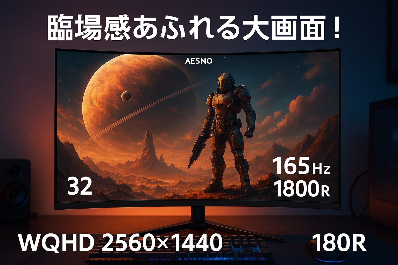 AESNO 32インチ ゲーミング モニター WQHD 2560x1440 165Hz 2K ディスプレイ 1440P 湾曲1800R VA 対応 Freesync 75% NTSC 1Ms GtG VESA 三年保証で安心