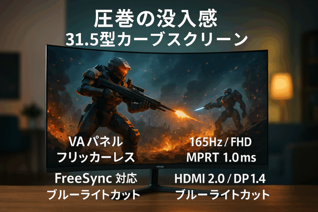 ゲーミングモニター 31.5インチ VA カーブスクリーン 165Hz FHD フリッカーレス FreeSync 31.5型 角度調節 FullHD ブルーライトカット MPRT1.0ms HDMI2.0×1 DisplayPort1.4×1 フレームレス 壁掛け 視野角178°ノングレア adptive sync MAXZEN MGM32IC01 マクスゼン